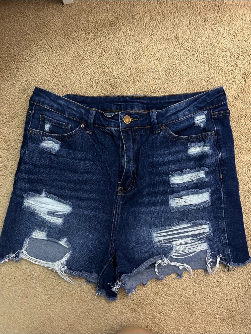 Dark Blue Distressed High-Rise Stretch Denim Shorts